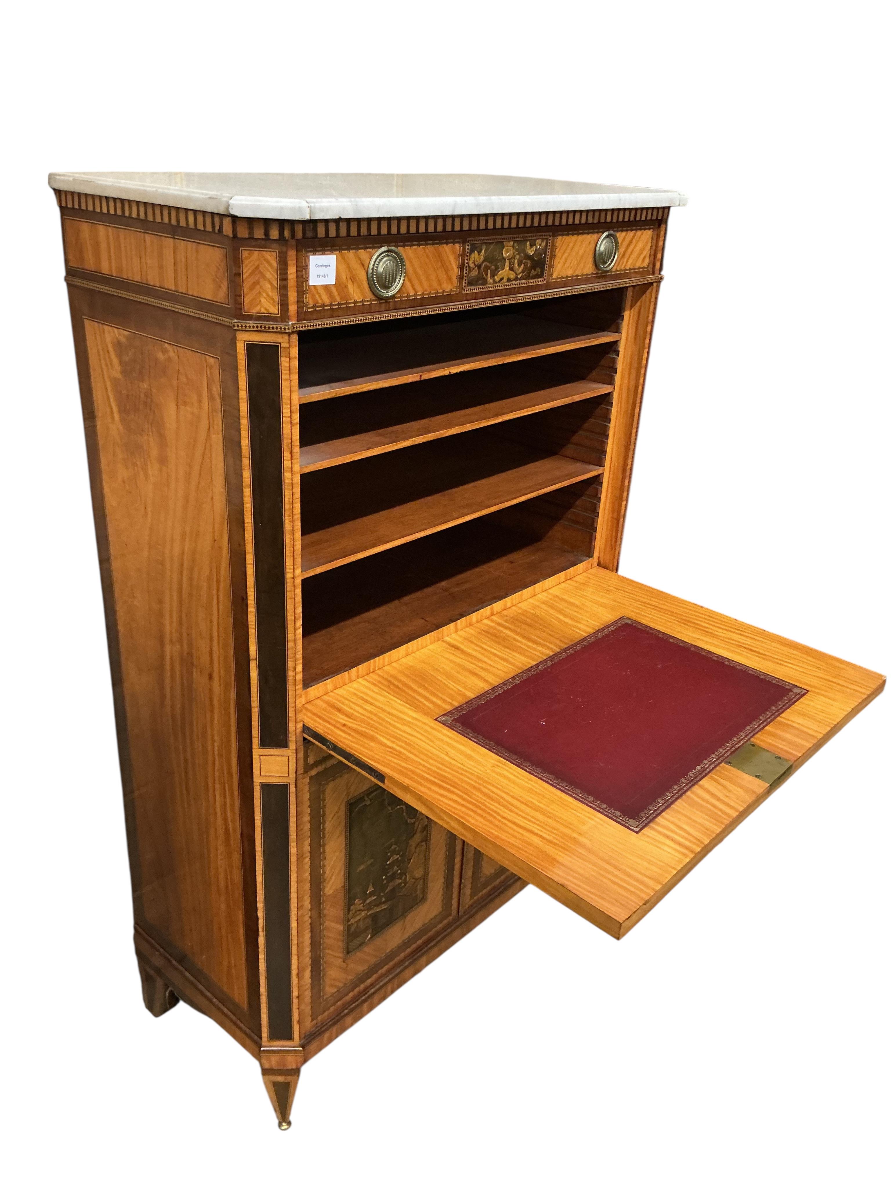 An early 19th century French marble topped satinwood secretaire abbatant, inset with Chinese chinoiserie style panels, width 92cm, depth 45cm, height 148cm